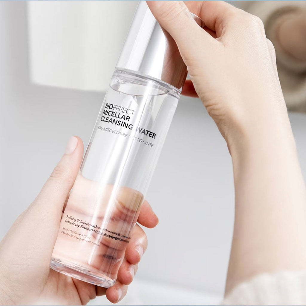 woman holding hero image of BioEffect Micellar Cleansing Water